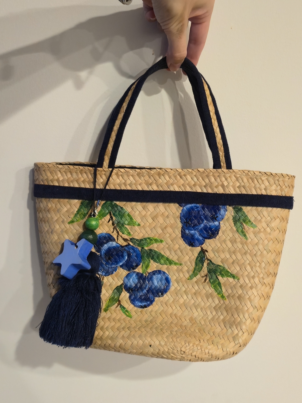 Hand Made Woven Blue And Tan Straw Tote Bag With A Sharm
